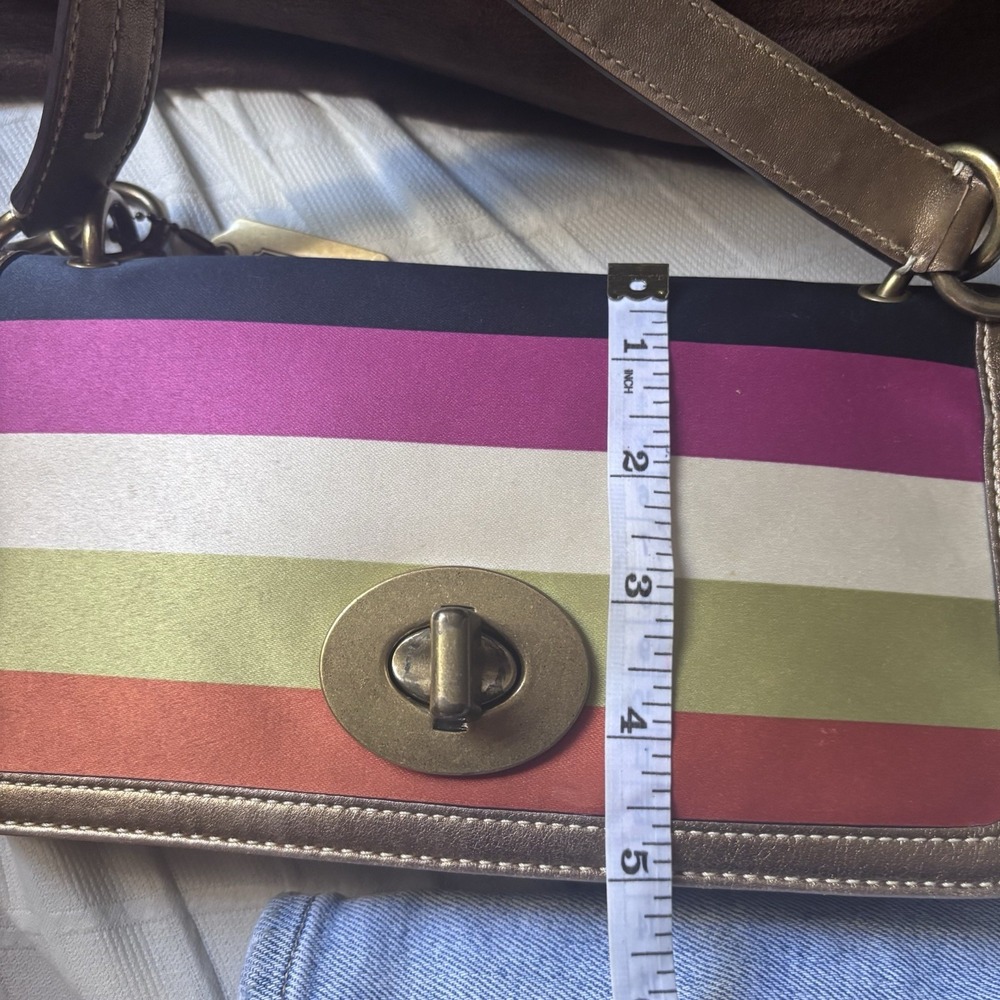 Vtg Coach Multicolor Stripped Satin Bronze Limited Edition Turnlock Handbag - Picture 7 of 9
